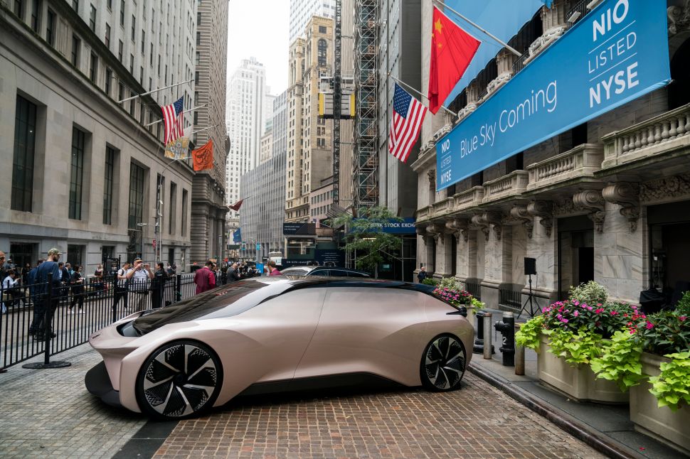 A NIO vehicle sits outside of the New York Stock Exchange on Wednesday. 
