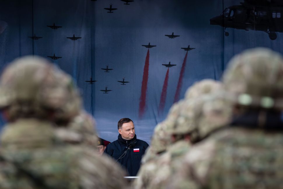Polish President Andrzej Duda speaks during an official welcoming ceremony of NATO troops in Orzysz, Poland, on April 13, 2017.