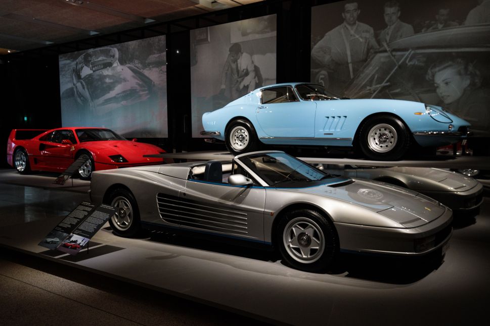 (L-R) A Ferrari F-40 1987, a Ferrari Testarossa Spyder 1986 and a Ferrari 275 GTB/4 1967.