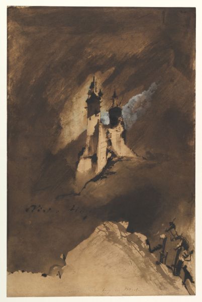 Victor Hugo, Souvenir d'un burg des Vosges (Souvenir of a castle in the Vosges), 1857. Brown ink and wash and white gouache on paper. 