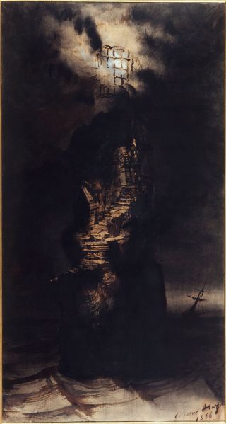 Victor Hugo, , Le phare des Casquets (The Casquets lighthouse), 1866. Brown ink and wash, black crayon, black chalk, and white gouache on paper. 