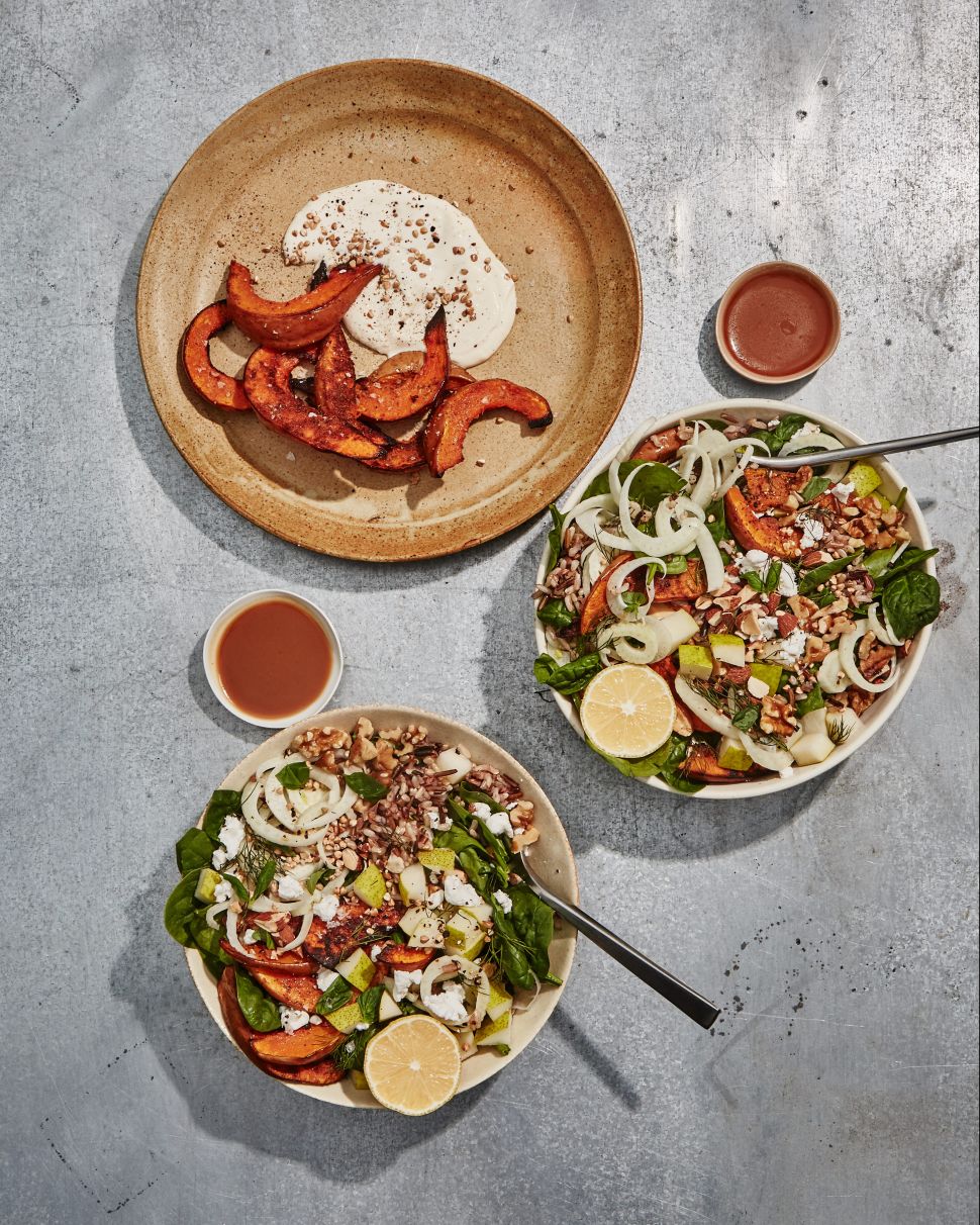 Debuting Nov. 1, Sweetgreen's 'Koginut Squash by Dan Barber' bowl also comes with organic spinach, wild rice, pears, lemony fennel, fresh basil and goat cheese finished with toasted buckwheat, raw walnuts, toasted almonds, a squeeze of lemon and balsamic vinaigrette.