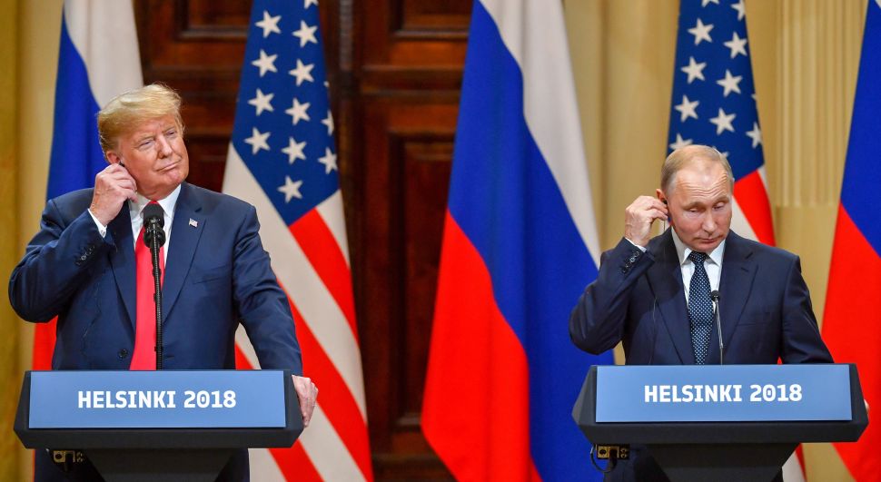 President Donald Trump and Russian President Vladimir Putin at a joint press conference after a meeting at the Presidential Palace in Helsinki, July, 2018.
