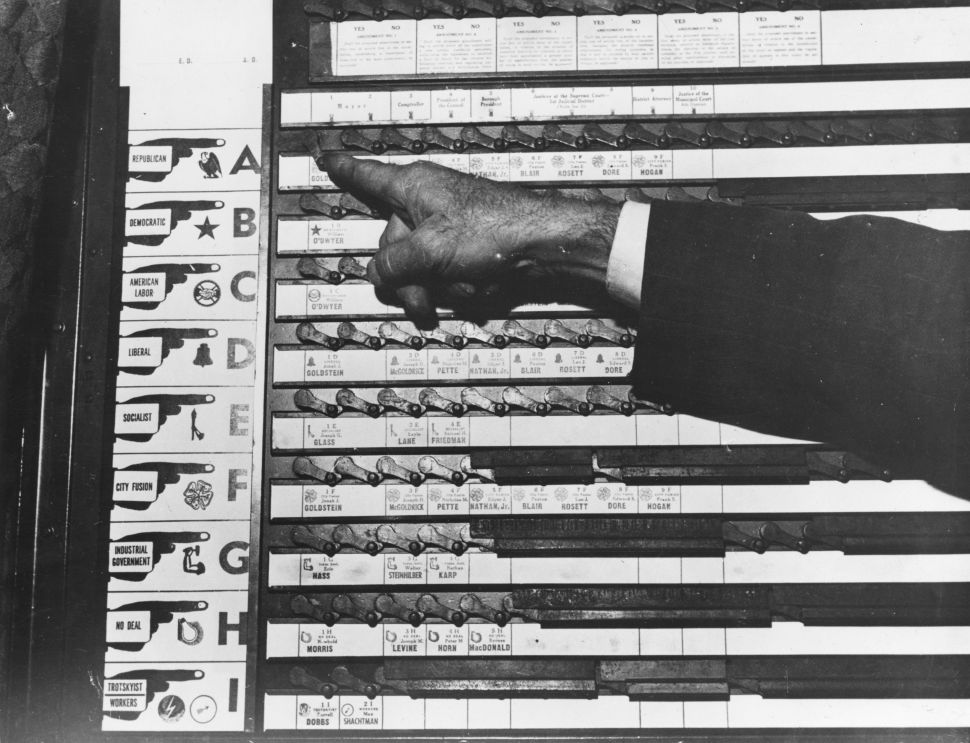 A mechanical voting machine which took the place of ballot papers for elections in New York in the 1950s.
