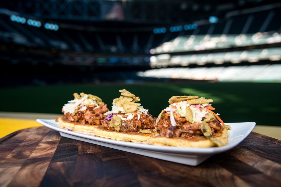 These gourmet tacos were found at Chase Field in Phoenix, Arizona. 