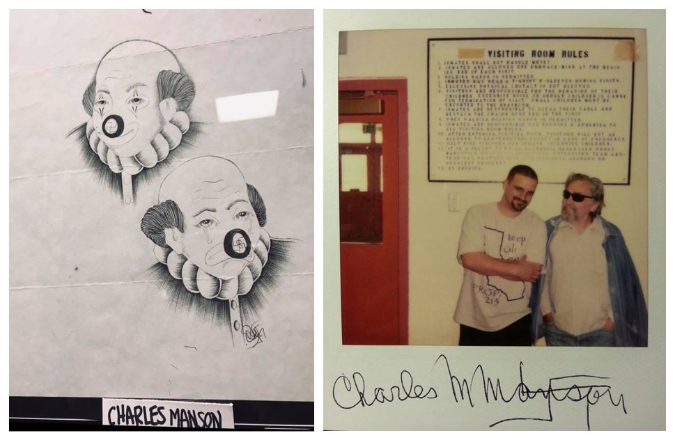 Charles Manson's homage to Gacy's Pogo clowns, left, and murderabilia dealer William Harder posing for a Polaroid with Manson at California State Prison. 