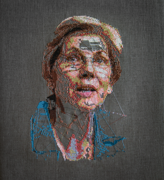 Alicia Ross, Phrenology Study of Elizabeth Warren. Embroidery on linen.