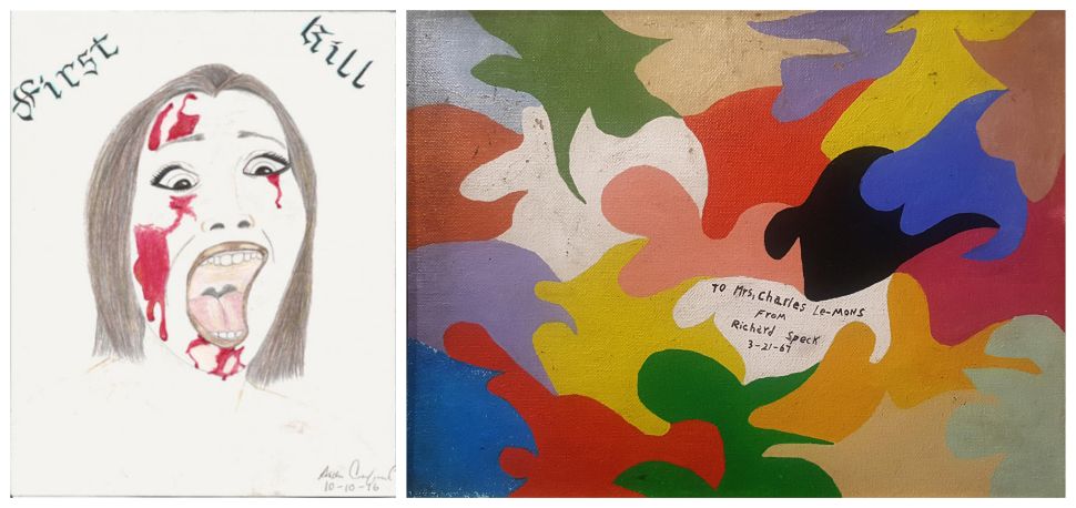 Andre Crawford's "First Kill, left, and an acrylic on board by Richard Speck, who tortured, raped and murdered eight student nurses in Chicago in 1966, which sells for $2,000.