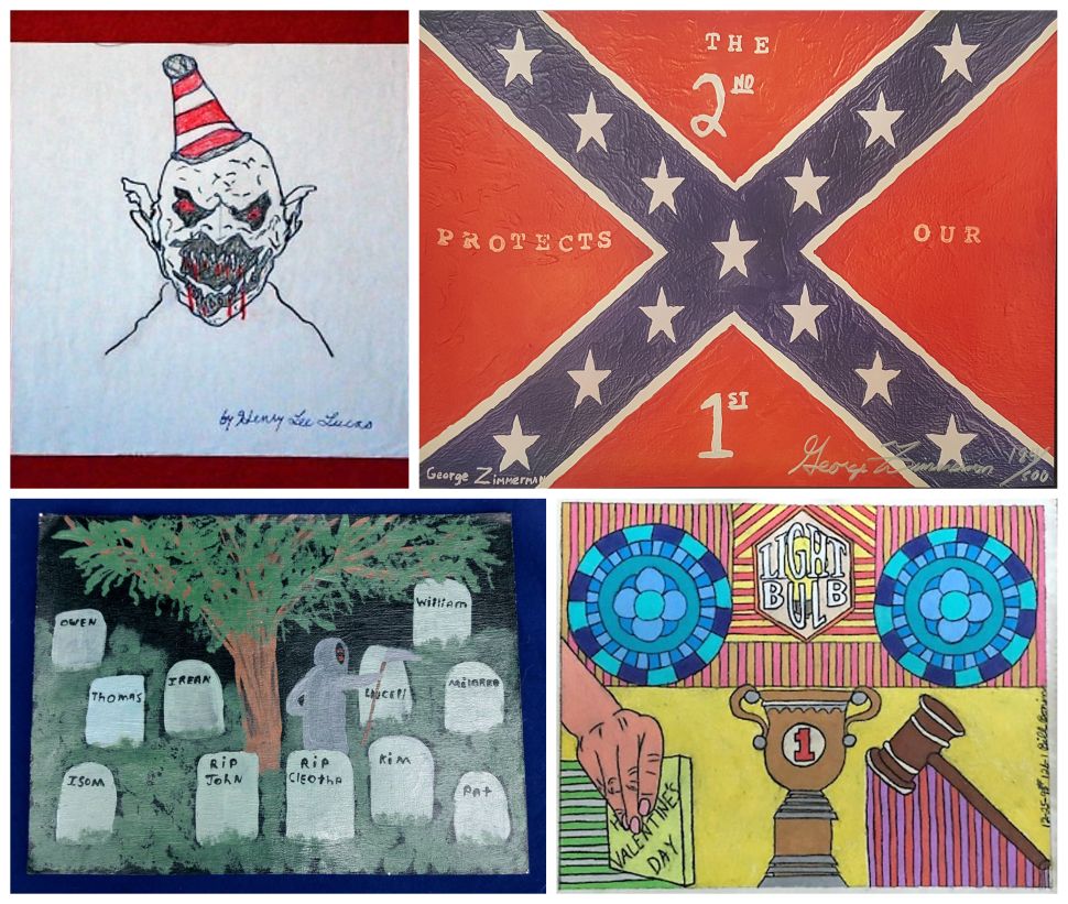 Clockwise from top left: Henry Lee Lucas began his murder career by stabbing his mother in the neck with a knife, then went on to kill hundreds more—this drawing of his alter ego beast is selling for $1,600. George Zimmerman, who killed Trayvon Martin in 2012, is offering prints of his Confederate flag painting, "The 2nd Protects Our 1st," for $500 each. A pastel by William George Bonin, aka the Freeway Killer, titled "Valentines Day Wishes In Part,” priced at $3,500. The infamous Anthony Sowell graveyard painting.