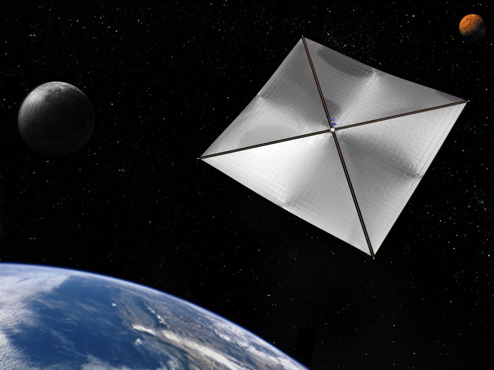 An artist's rendering of a four-quadrant solar sail propulsion system, with payload.