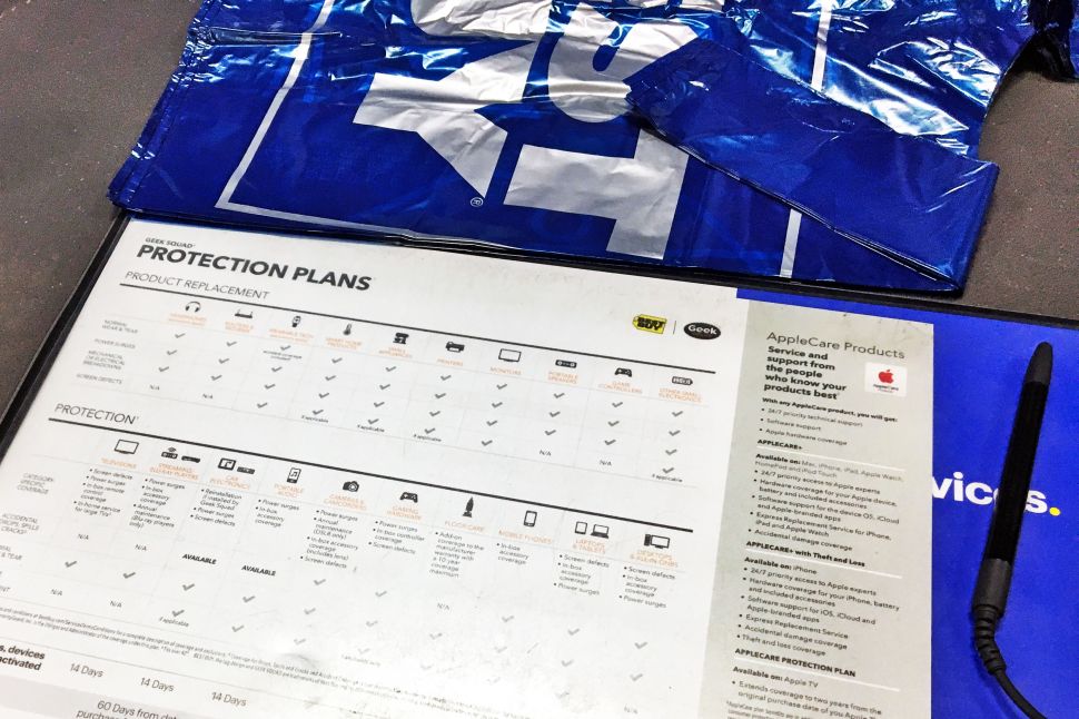 Warranties, which are simply insurance policies for small-ticket items, are generally sold ad hoc at the point of sale. Best Buy displays a list of its "protection plans" at the register.