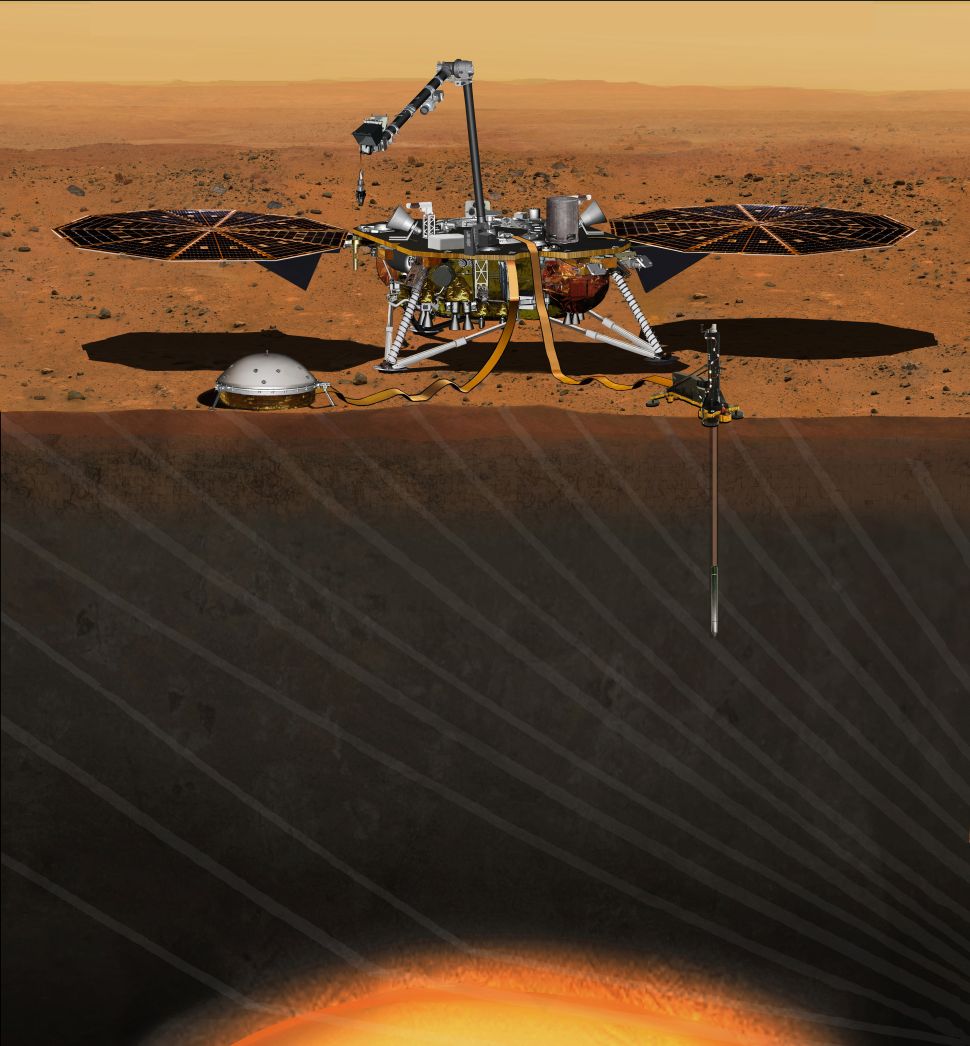An artist's concept depicts NASA's InSight Mars lander fully deployed for studying the deep interior of Mars.