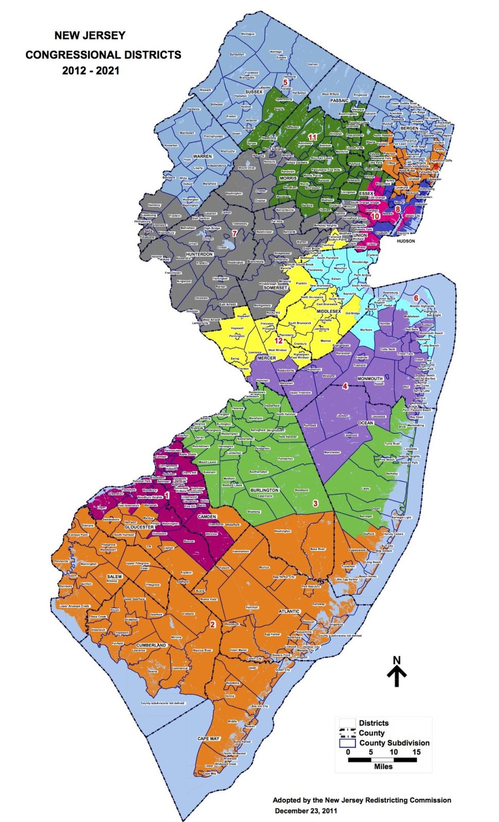 In December of 2011, the N.J. Redistricting Commission adopted the current 'New Jersey Congressional Districts: 2012-2021' map.