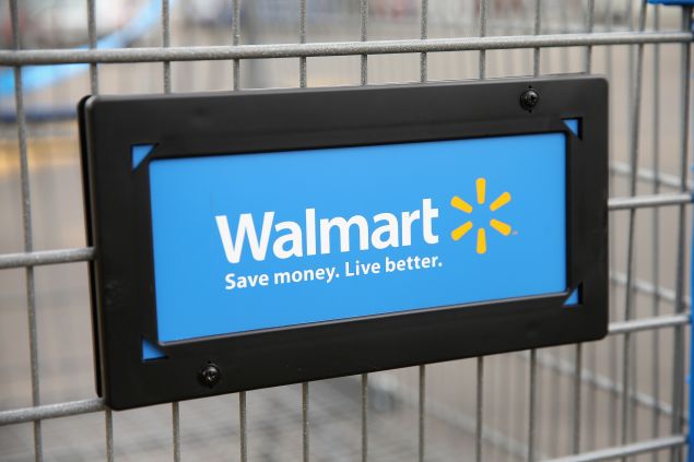 Walmart's logo displayed on a shopping cart.