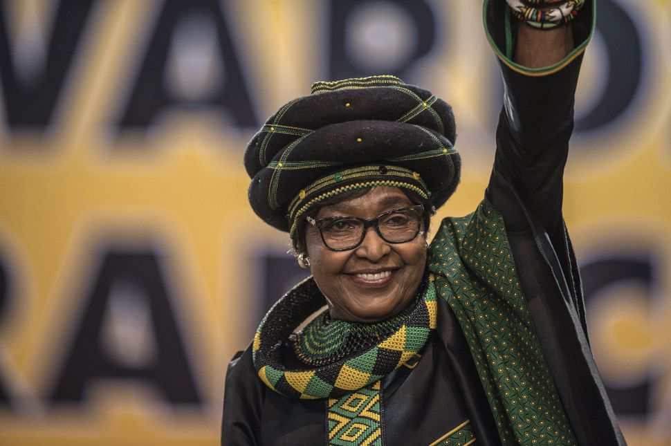 The former wife of Nelson Mandela, anti-apartheid campaigner Winnie Mandela waves at the 54th ANC National Conference in Johannesburg on December 16, 2017.
