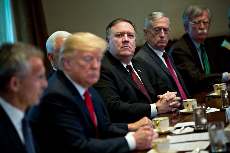 John Bolton, Jim Mattis and Mike Pompeo listen to President Donald Trump.