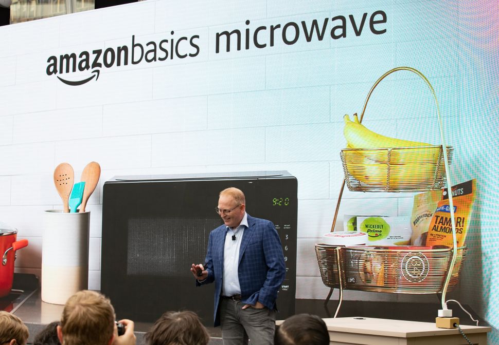 Dave Limp, Senior Vice President of Amazon Devices, intoduces the "amazonbasics microwave," which can be controlled by an Alexa, on September 20, 2018. 