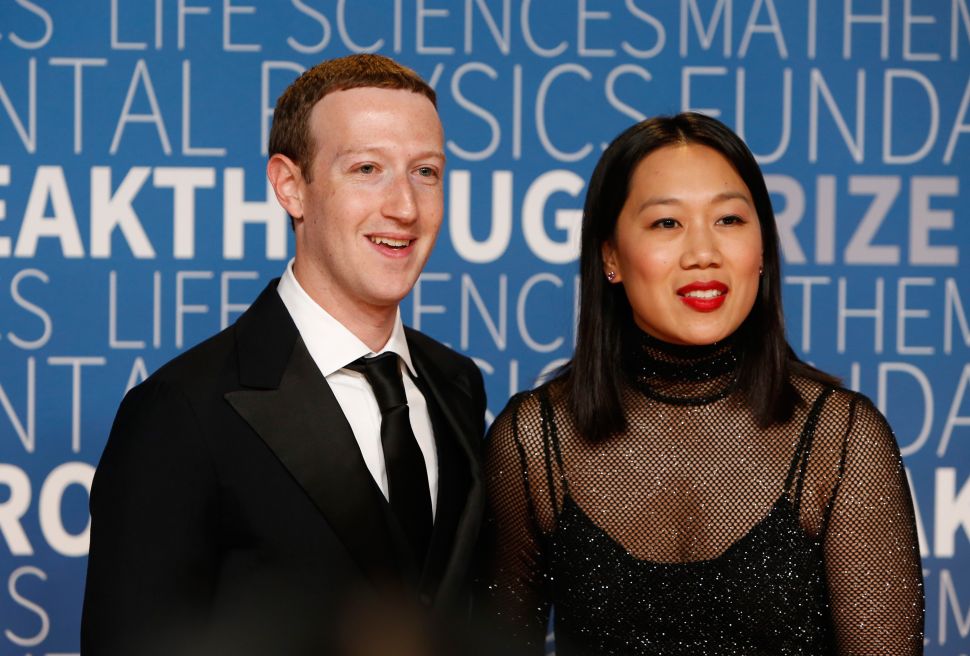 Mark Zuckerberg (L) and Priscilla Chan seen at the 2019 Breakthrough Prize at NASA Ames Research Center on November 4, 2018 in Mountain View, California.