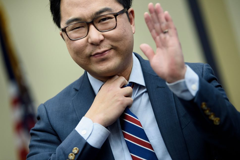 U.S. Representative-elect Andy Kim (D-NJ) reacts after drawing a number during an office lottery for new members of Congress on Capitol Hill November 30, 2018 in Washington, D.C.