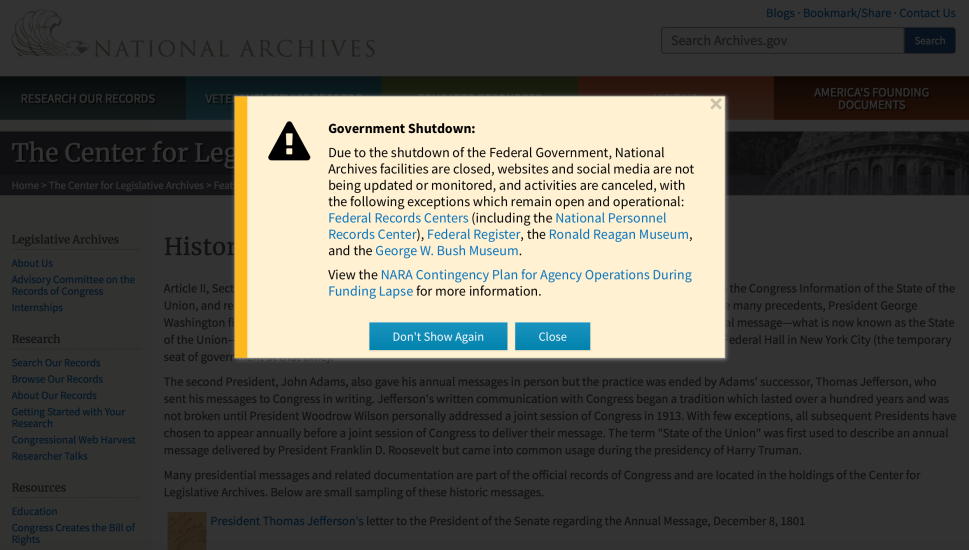 The National Archives are closed because of the government shutdown.