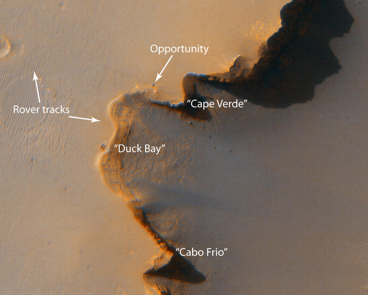 This image from the High Resolution Imaging Science Experiment on NASA's Mars Reconnaissance Orbiter shows the Mars Exploration Rover Opportunity near the rim of "Victoria crater" near the equator of Mars.