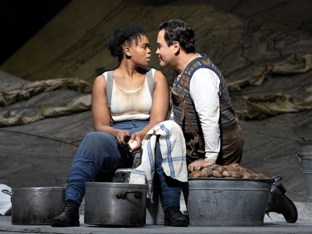 Marie (Pretty Yende) and Tonio (Javier Camarena) take a break from peeling potatoes to discover love.