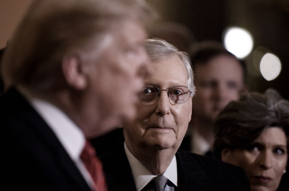 President Donald Trump talks to the press as Senate Majority Leader Mitch McConnell looks on.