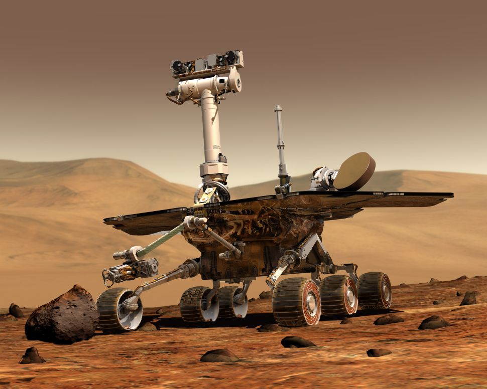 An artist's concept portrays a NASA Mars Exploration Rover on the surface of Mars. Two rovers were launched in 2003 and arrived at sites on Mars in January 2004