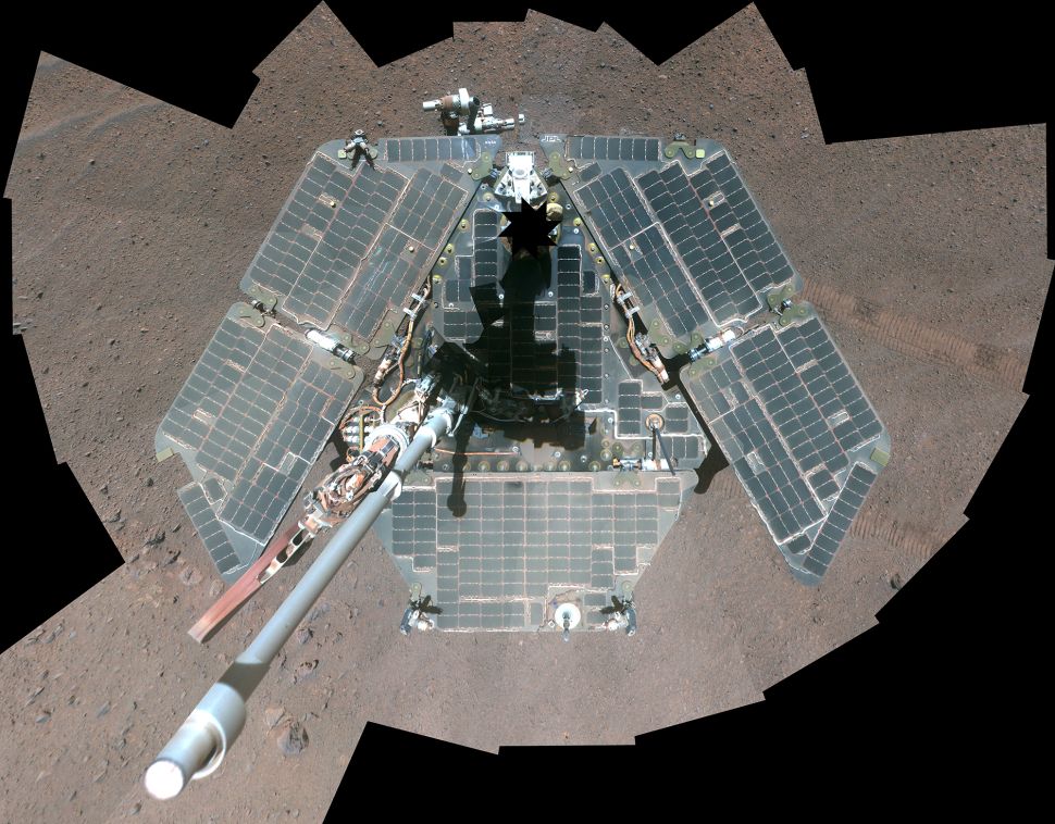 This self-portrait of NASA's Mars Exploration Rover Opportunity shows effects of wind events that had cleaned much of the accumulated dust off the rover's solar panels.