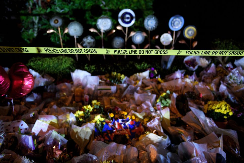 A makeshift memorial is seen outside the Tree of Life Congregation in Pittsburgh, after a gunman killed 11 people in a massacre at the synagogue on October 27, 2018.