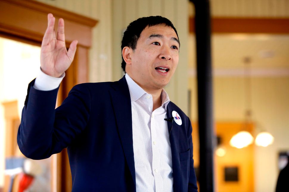 Entrepreneur and 2020 presidential candidate Andrew Yang speaks during a campaign stop at the train depot on February 1, 2019 in Jefferson, Iowa.
