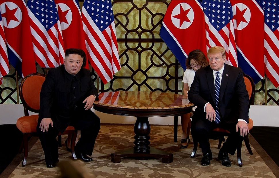 U.S. President Donald Trump (R) and North Korean leader Kim Jong-un (L) meet during their second summit on February 28, 2019 in Hanoi, Vietnam.