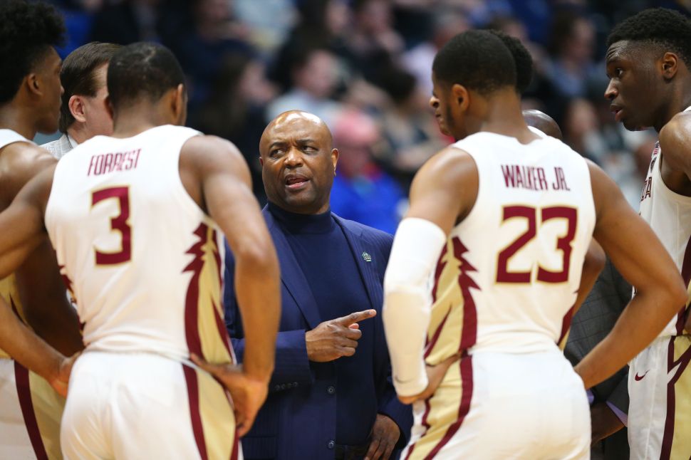 Head coach Leonard Hamilton of the Florida State Seminoles speaks to his team during the first round game of the 2019 NCAA Men's Basketball Tournament against the Vermont Catamounts on March 21, 2019.