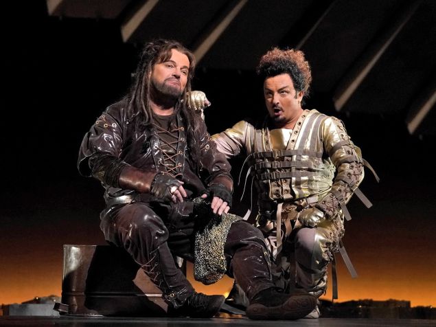 Tomasz Konieczny (Alberich) and Norbert Ernst (Loge) compare their pleather garb in the Met's 'Das Rheingold'.