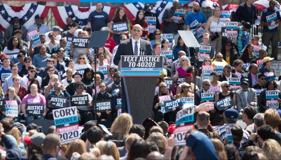 Cory Booker speaks to a large crowd at his "Justice For All" Kickoff Tour in Newark, N.J. on April 13, 2019.