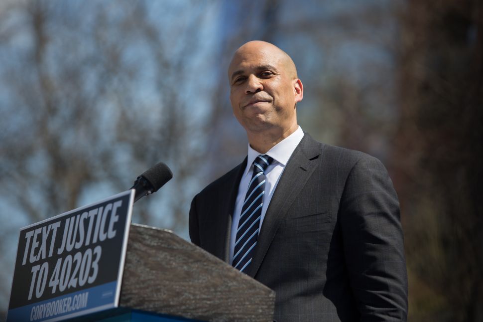 Cory Booker at the "Justice For All" Kickoff Tour in Newark, N.J. on April 13, 2019.