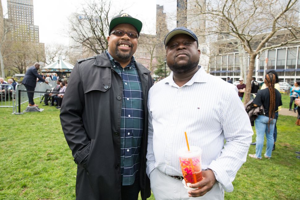 Nathaniel Crawford (L) at the Cory Booker "Justice For All" Kickoff Tour in Newark, N.J. on April 13, 2019.