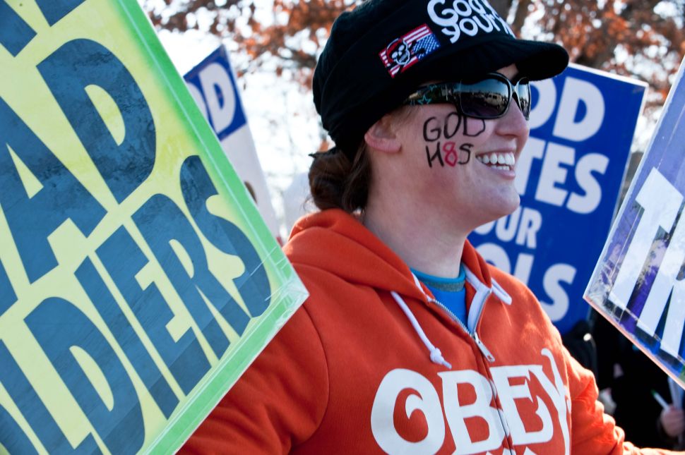Megan Phelps-Roper participates in a Westboro Baptist Church protest across the street from Northwestern High School in Hyattsville, Maryland on March 1, 2011. 