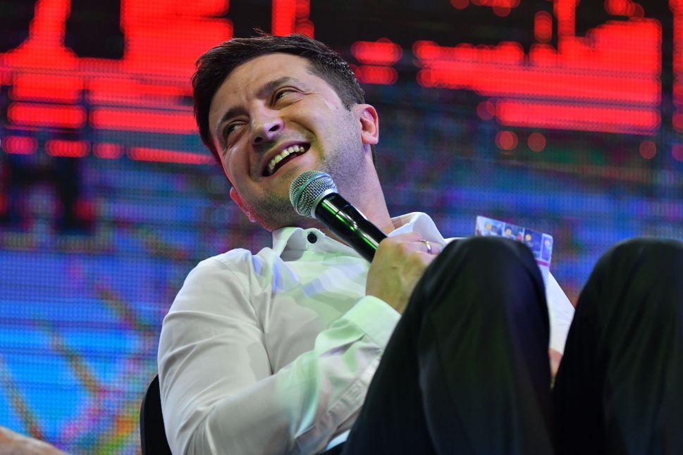 Ukrainian comic actor, showman and presidential candidate Volodymyr Zelensky speaks as he performs with his "95th Block" comedy group in the small town of Brovary, near Kiev, on March 29, 2019.