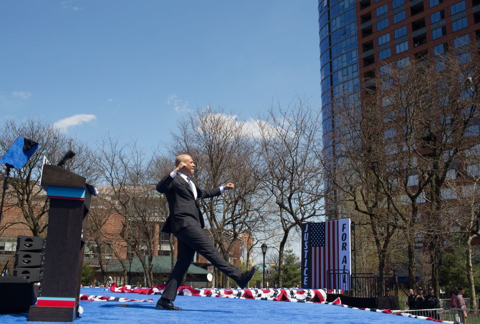 NEWARK, NEW JERSEY - APRIL 13: Senator Cory Booker launches in 2020 Presidential campaign with a speech and a rally on April 13 in downtown Newark, New Jersey.