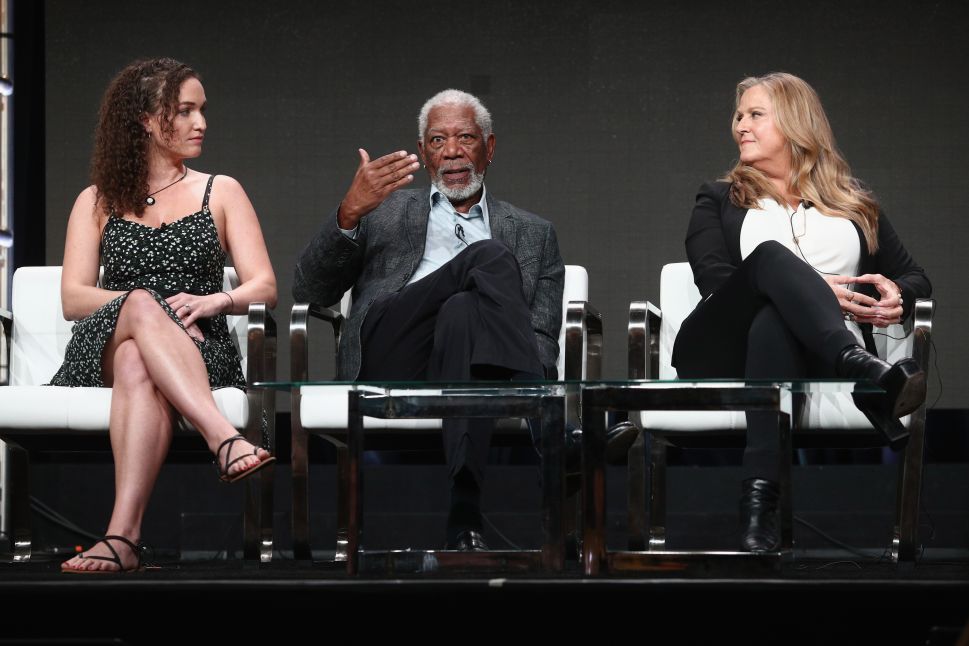 (L-R) Former Westboro Baptist Church Member Megan Phelps-Roper, host/executive producer Morgan Freeman and executive producer Lori McCreary of 'The Story of Us with Morgan Freeman' speak onstage during the National Geographic Channels portion of the 2017 Summer Television Critics Association Press Tour at on July 25, 2017.