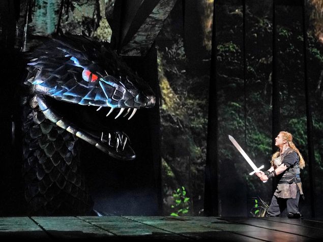 Siegfried (Stefan Vinke) goes one on one with the dragon Fafner.