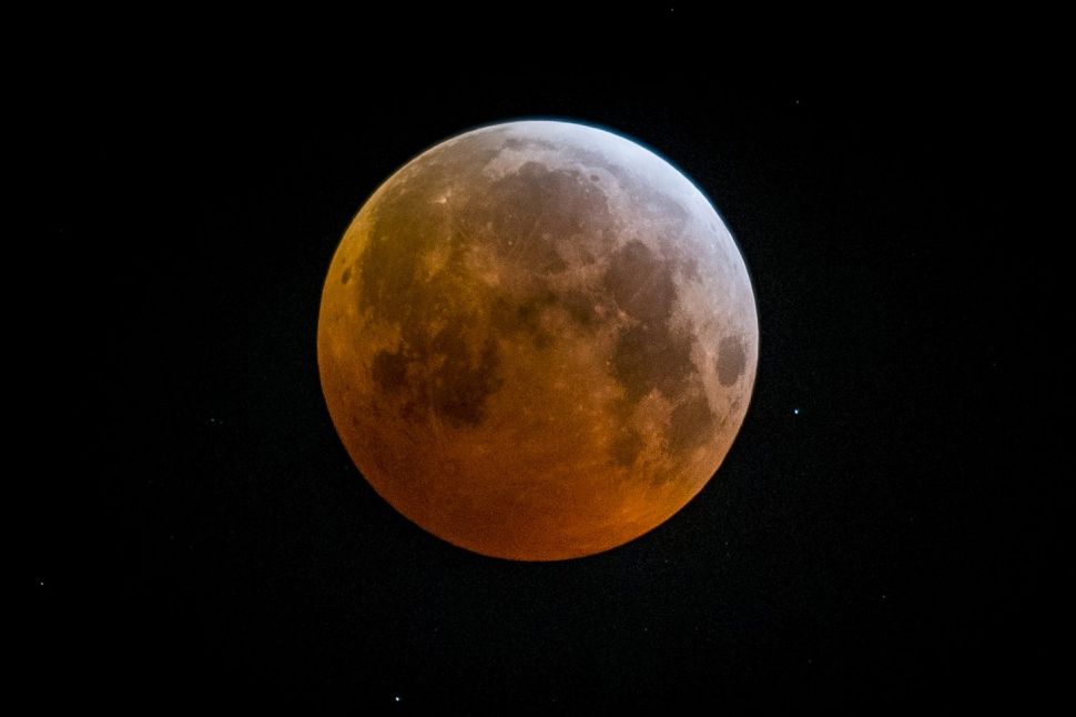 The moon during a total lunar eclipse in July 2018.