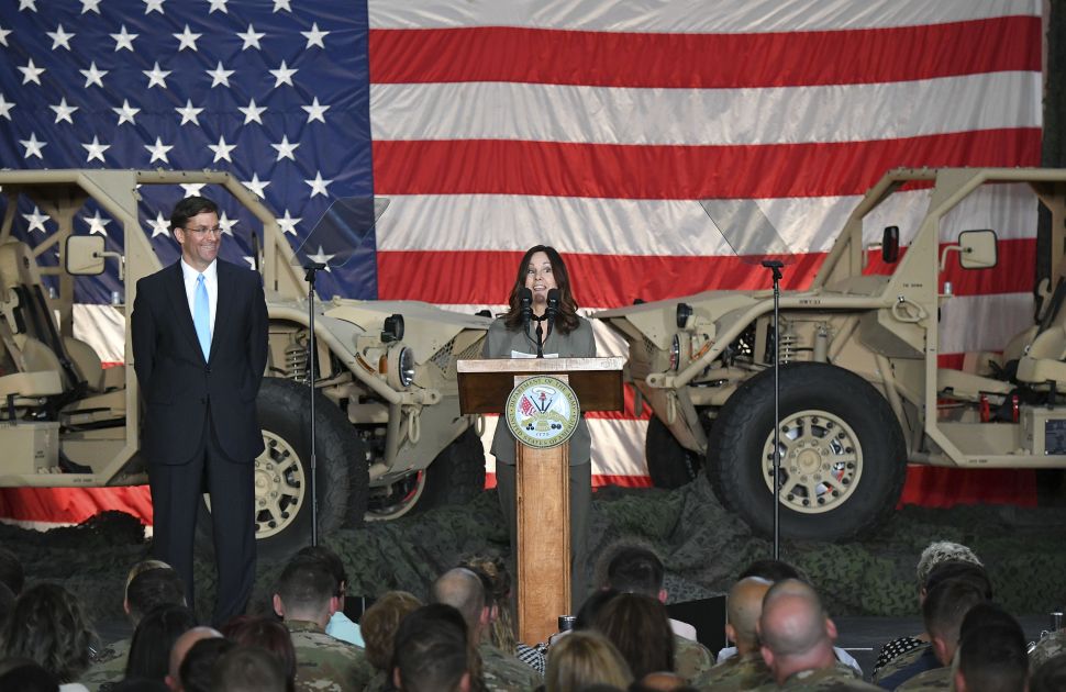 Karen Pence, the wife of U.S. Vice President Mike Pence, speaks alongside U.S. Secretary of the Army Mark Esper.