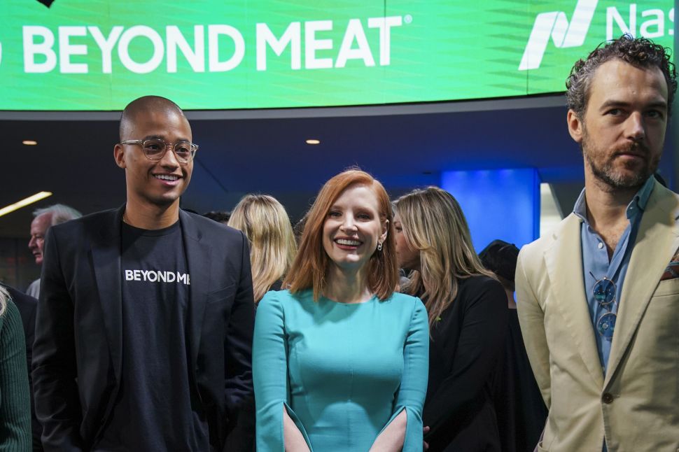 Beyond Meat investor Jessica Chastain attends the opening bell ceremony at Nasdaq MarketSite to mark the IPO of Beyond Meat, May 2, 2019.