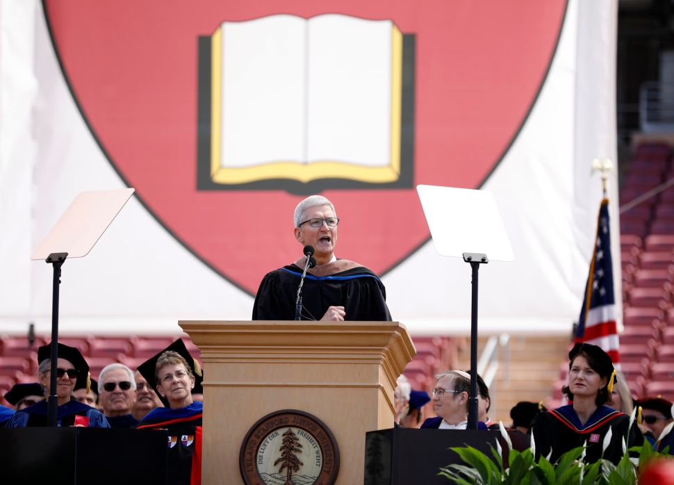 Apple CEO Tim Cook speaks during the 128th Stanford University commencement ceremony on June 16, 2019.