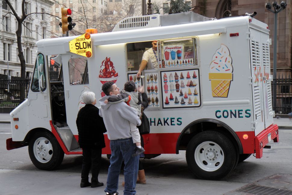 An ice cream truck in the Financial District of Manhattan.