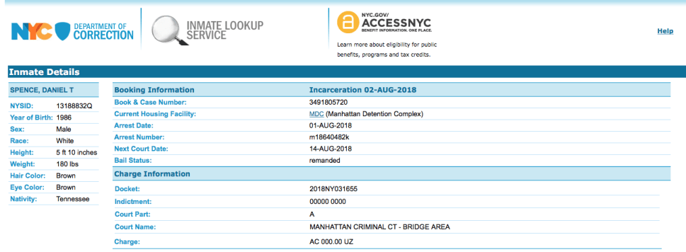 Daniel Spence NYC Arrest Record