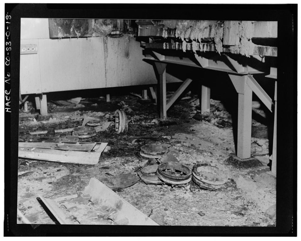 A detailed view of a glove box damaged in the 1969 fire at the Rocky Flats Plant.