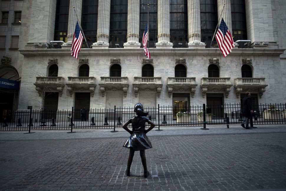 "Fearless Girl" facing the New York Stock Exchange.